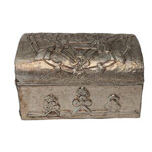 Vintage Embossed Tin And Wood Treasure Chest Jewelry Trinket Box Silver And Gold